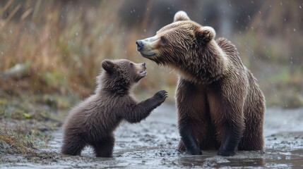 A wildlife shot of a bear cub playing with its mother, showcasing the playful and nurturing bond in nature.