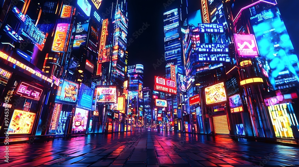 Sticker Neon Cityscape - Futuristic Urban Nighttime with Bright Signs.