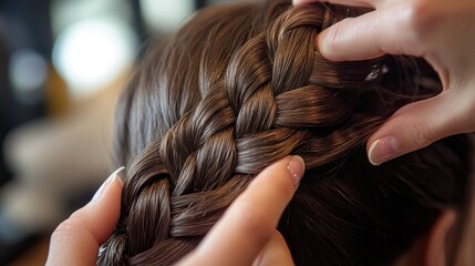 Fototapeta premium A stylist's hands working on a client's hair, creating a complex braid pattern in a contemporary salon environment
