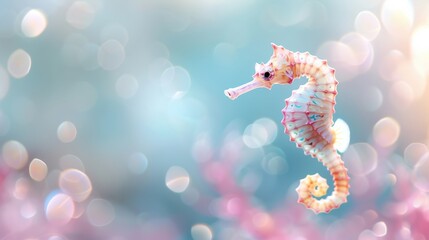 Graceful seahorse drifting through shimmering aquatic hues, delicate features highlighted against a dreamy, iridescent backdrop of soft pink and blue tones.