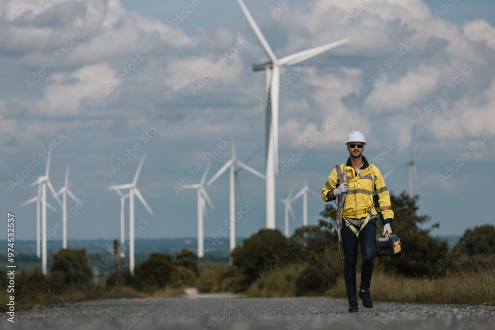 Poster man engineers holding tools box and rope to maintenance working in wind turbine. renewable energy po