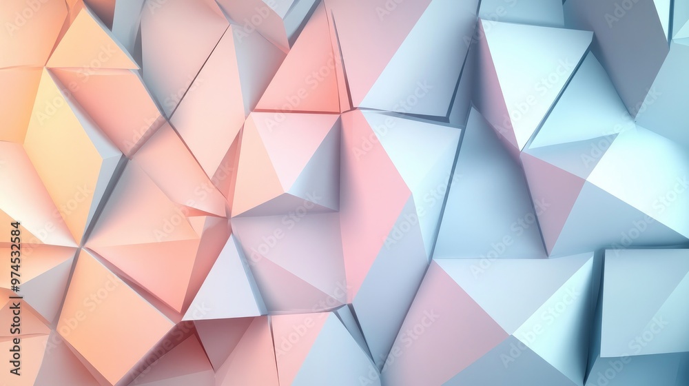 Poster abstract geometric background with overlapping triangles in pastel shades, creating a dynamic, moder