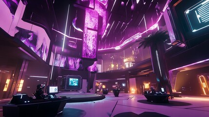 Futuristic Interior with Neon Lights and Palm Tree.
