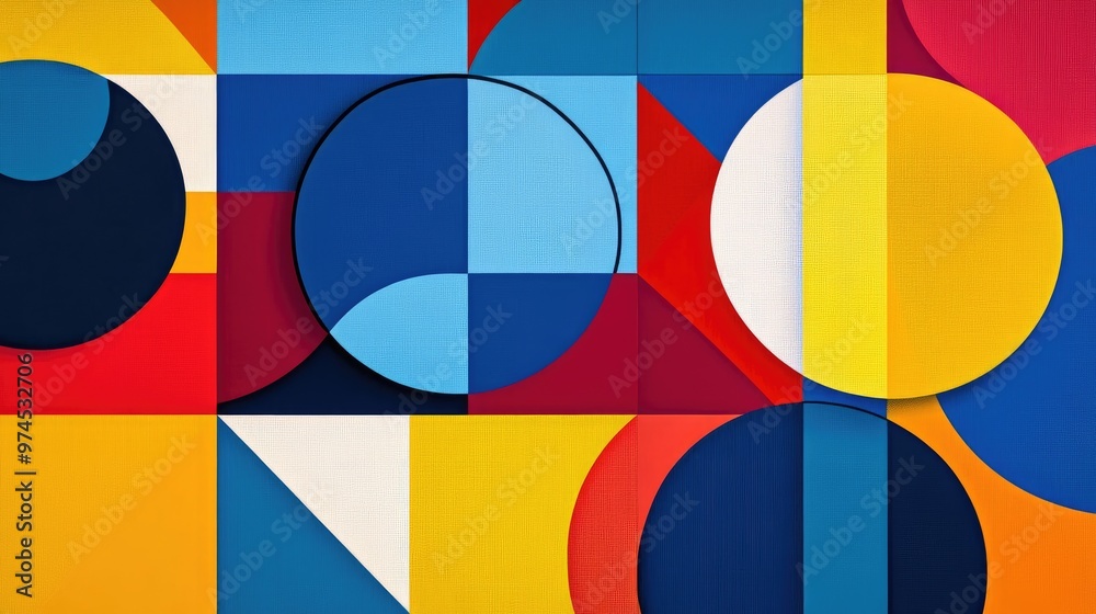 Poster abstract geometric background with overlapping circles and squares in bold primary colors, creating 