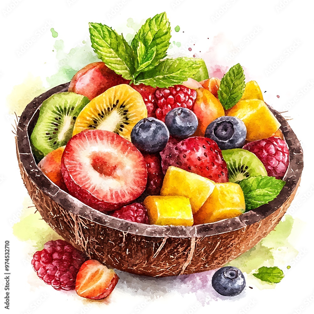 Sticker Watercolor Illustration of a Coconut Bowl Filled with Fresh Fruit.