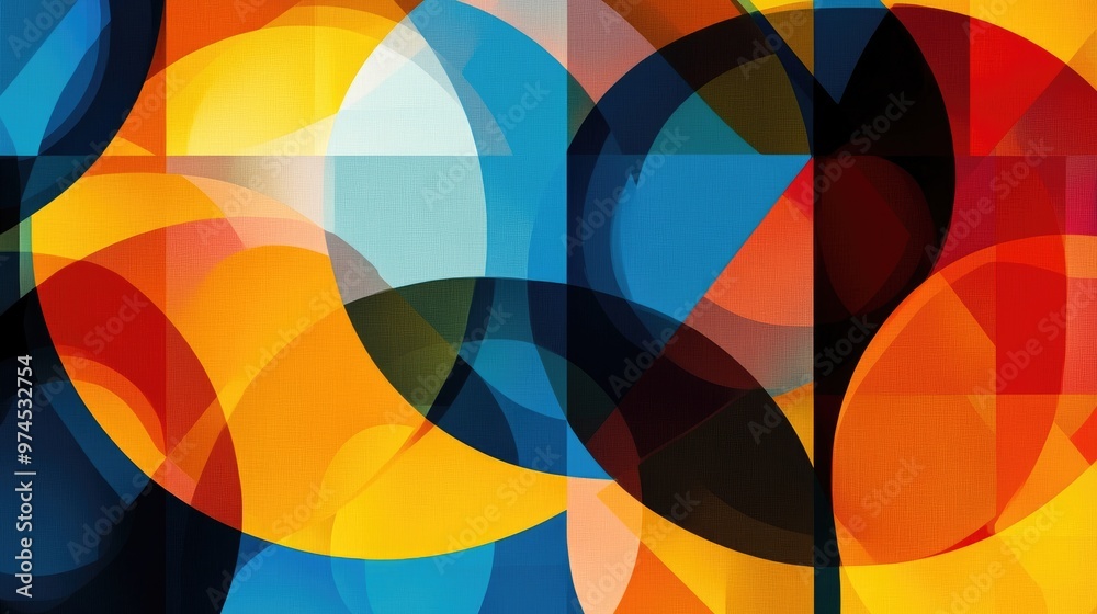Poster abstract geometric background with overlapping circles and squares in bold primary colors, creating 