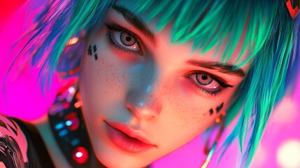 Fototapeta premium An AI-generated portrait of a young woman with vibrant blue hair, a futuristic outfit, and a confident gaze, embodying a cyberpunk aesthetic.