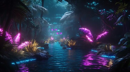 Glowing Neon River in Tropical Forest.
