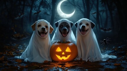 Four dogs dressed as ghosts, sitting together with a pumpkin, on a dark Halloween night with a crescent moon, bats, and spiders creating a scary but charming atmosphere.