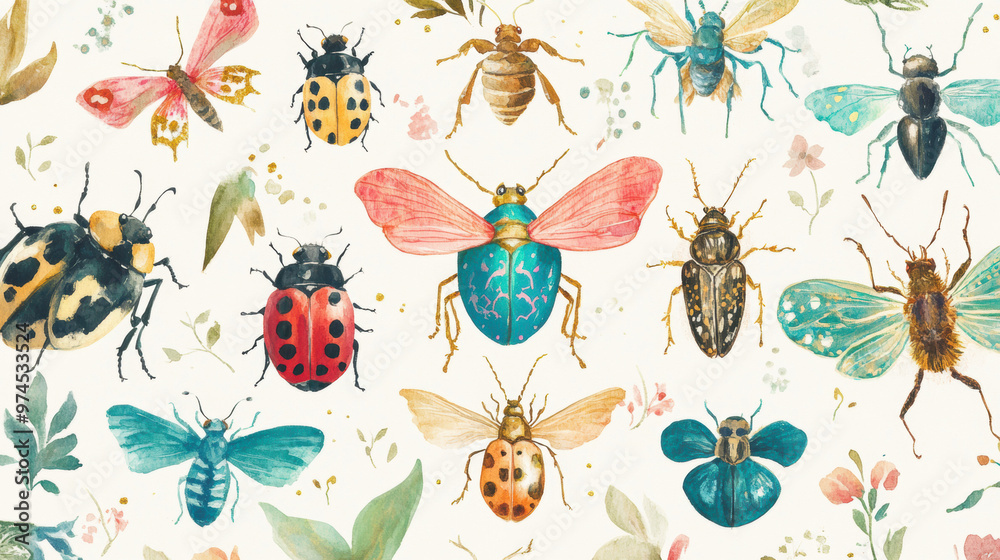 Sticker watercolor insects pattern.