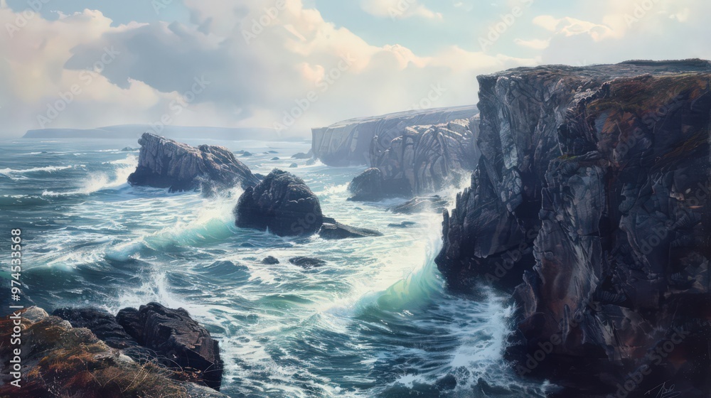 Wall mural The rugged coastline presents a dramatic interplay between steep cliffs and turbulent seas,