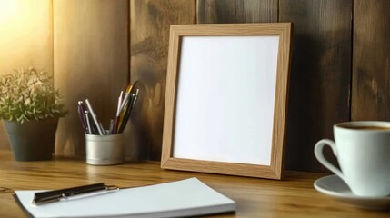 Fototapeta premium Blank wooden picture frame on a wooden desk with a cup of coffee, stationery, and an open notebook, cozy office setting -