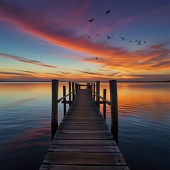 Fototapeta premium A wooden pier stretches out onto the tranquil water. The water reflects the bright colors of the sky, from orange and red to blue and purple, creating a beautiful gradation of color. On the skyline,