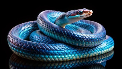 Coiled Vietnamese blue beauty rat snake showcases vibrant iridescent scales in shades of blue, white, and black, set against a sleek black background.