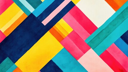 Fototapeta premium Bright geometric pattern featuring diagonal lines and vibrant color blocks, giving a dynamic and playful feel -