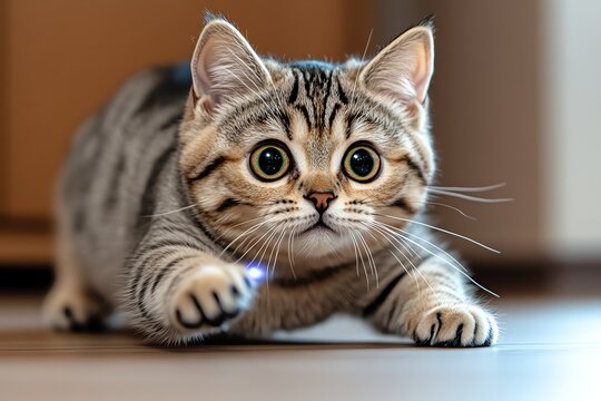 A Scottish Fold cat chasing a laser pointer, its playful nature highlighted by its unique appearance