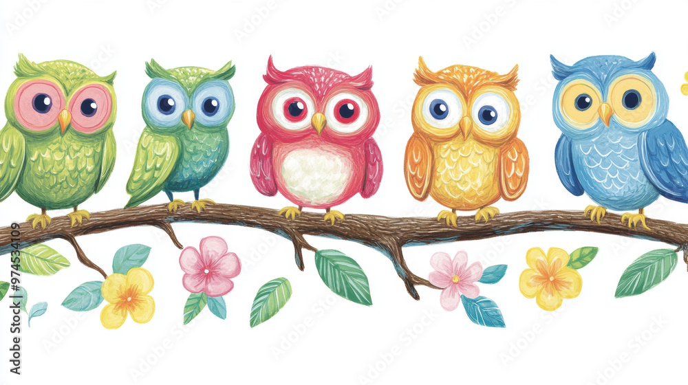 Sticker Colorful Owls on Branch.