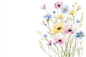 A bouquet of wildflowers, soft pastel colors, watercolor illustration, isolated on white background