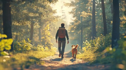 man hiking with his dog on a sunlit forest path