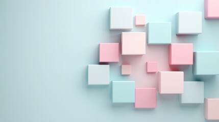 Soft geometric arrangement, pastel colored blocks in varying sizes scattered against a light blue background, creating a calm and modern artistic vibe.