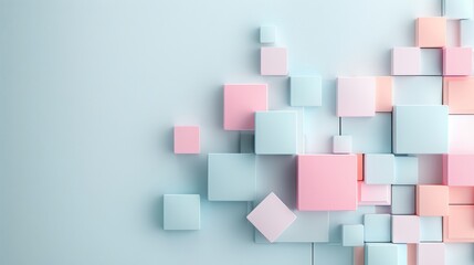 Colorful geometric arrangement, pastel cubes of varying sizes create a dynamic visual landscape against a soft blue background, inviting playful creativity.