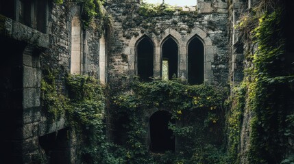 The ruins of an ancient castle overgrown with ivy and moss, capturing the beauty of nature reclaiming historical architecture.