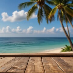 Fototapeta premium Top of wood table with seascape and palm tree, blur bokeh light of calm sea and sky at tropical beach background. Empty ready for your product display montage. summer vacation background concept.