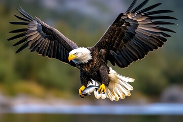 Fototapeta premium A bald eagle flying majestically over a lake with a fish securely in its talons