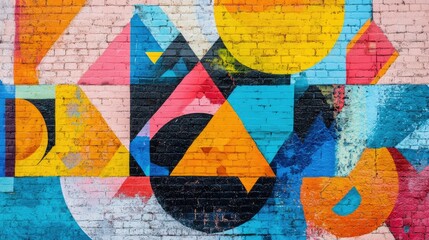 Colorful geometric street art on a brick wall, with a mix of shapes and vibrant paint splashes