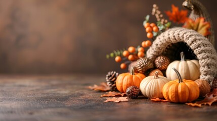 Autumn Harvest Arrangement, a festive display featuring varied pumpkins, pinecones, and berries nestled in a rustic cornucopia, celebrating the season’s bounty.