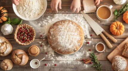Baking Day Pleasure, a rustic kitchen scene featuring freshly baked bread, pumpkin, spices, flour and hands preparing delightful autumn treats.