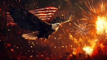 An eagle flying proudly, holding the American flag as bright fireworks explode in the sky on the 4th of July