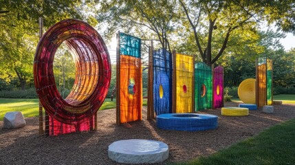 Contemporary outdoor art installation with unique materials, vibrant colors, and interactive components