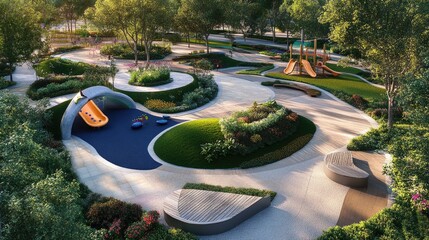 Contemporary park landscape with innovative play areas, eco-friendly features, and modern seating options