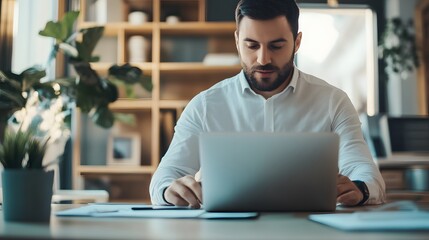 Obraz premium A Man Working on a Laptop at a Desk in a Modern Office
