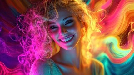 Fototapeta premium Joyful caucasian blonde woman is surrounded by vibrant marble texture colorful background and some.bokeh lights, her smile full of energy. The playful scene fits themes of celebration and fun.