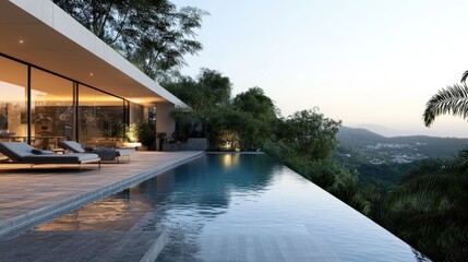 Fototapeta premium Contemporary swimming pool design with sleek tiles, infinity edge, and surrounding minimalist landscape