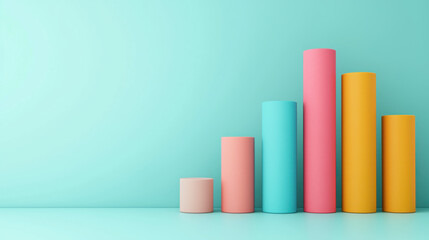 A series of colorful cylinders are arranged in a row on a blue background