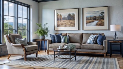 Farmhouse interior design of modern living room, home. Classic chair and sofa against wall with poster frame.
