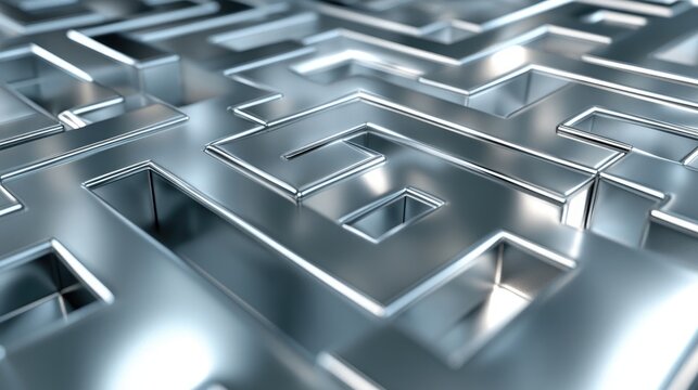 Digital illustration of a 3D geometric maze in metallic silver, with light reflections creating depth