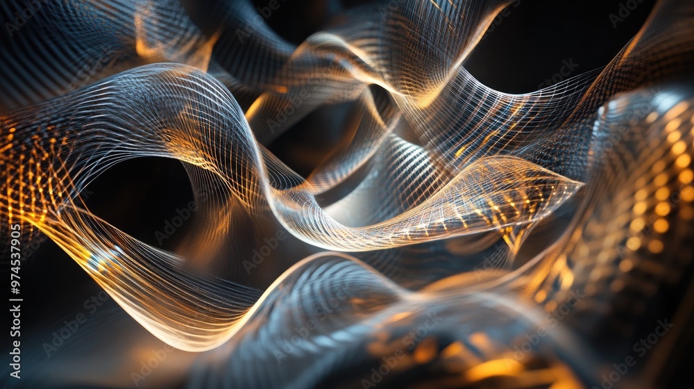 Poster digital rendering of geometric shapes in motion, with a sense of fluidity and dynamic flow
