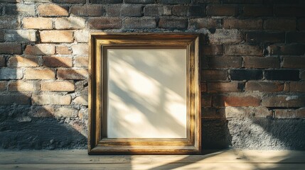 Empty wooden picture frame leaning against a rustic brick wall, with soft natural light casting gentle shadows on the surface
