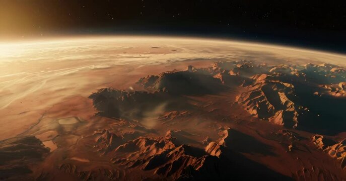 Aerial view of a Martian-like landscape with red rock formations.