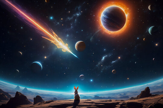A rabbit floating on a meteor surrounded by the glowing orbits of distant planets.