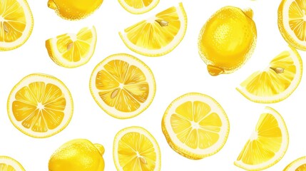 Watercolor lemon slices and whole lemons seamless pattern isolated on white background. Ideal for fresh, citrus-themed designs and light, summery branding.