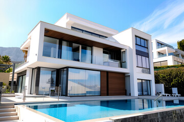 Modern house architecture ,Luxury property with pool and terrace in contemporary style ,modern villa with open plan living and private bedroom wing