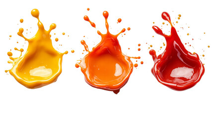 A collection of vibrant ketchup and mustard splashes, frozen in mid-motion with unique shapes. Perfect for showcasing food.