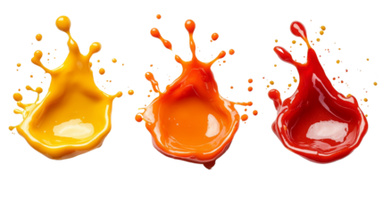 A collection of vibrant ketchup and mustard splashes, frozen in mid-motion with unique shapes. Perfect for showcasing food.