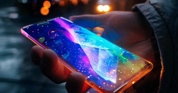 A hand holding a glowing futuristic smartphone with vibrant screen.