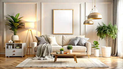 Cozy room interior background, 3D render, white Mock up, frame
